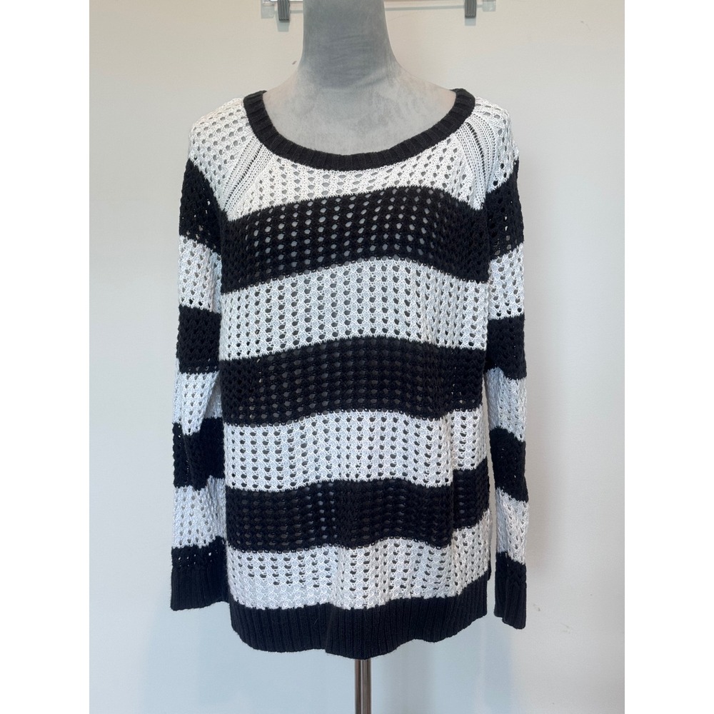 ana A New Approach Black White Striped Open Knit Sweater 1X Plus Size